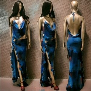 NWT Sexy Halter Embellished O-Rings Cowlneck Halter Split Ruffle Hem Maxi Dress